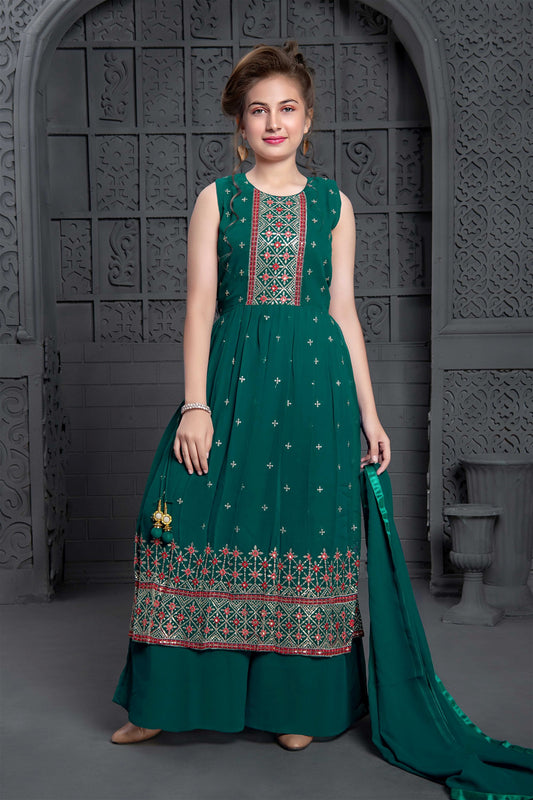 Green Color Wedding Designer Georgette Naira cut salwar suit For Kids/Girls