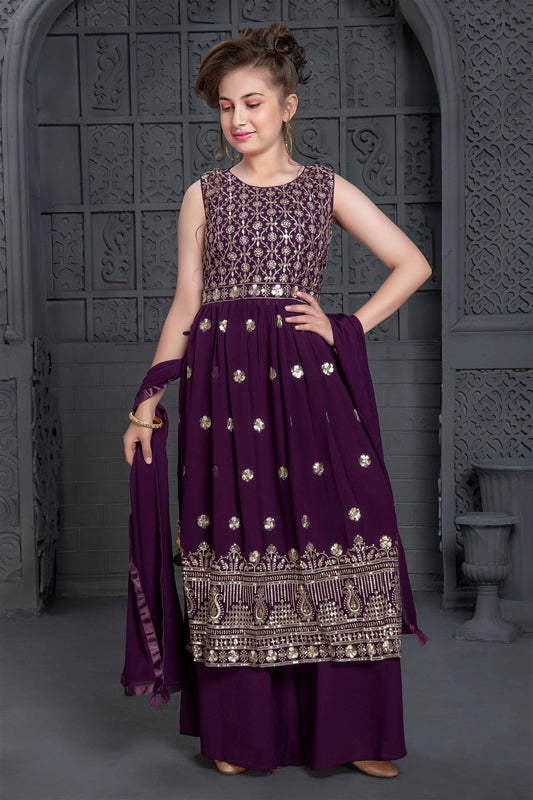 Purple Color Wedding Designer Georgette Naira cut salwar suit For Kids/Girls