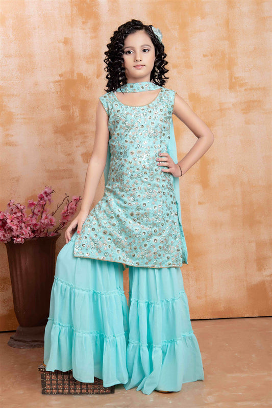 Party Wear Sky Blue Colour Faux Georgette Sequence Work Kids Sharara Suit 1002B