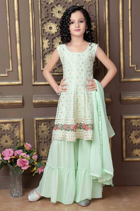 Pista Green Colored Designer Sharara Suit For Kids 1005A