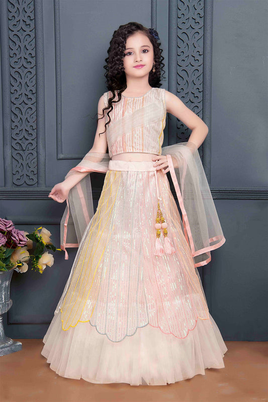 Soft Premium Net Party Wear Kids Lehenga In Peach With Embroidery Work 637