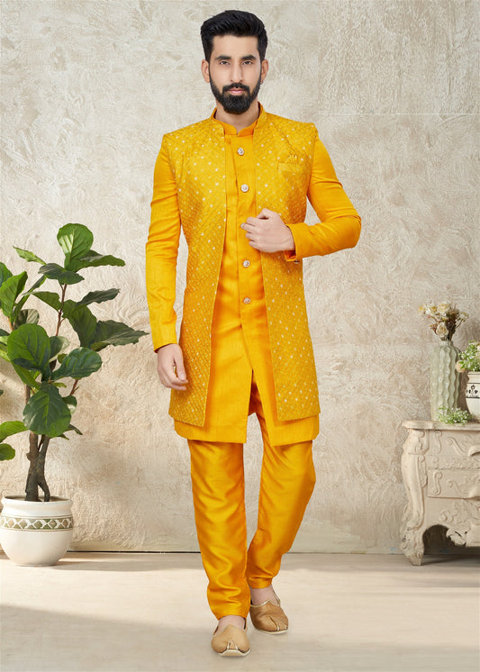 Yellow Colour Party Wear Mens Indowestern