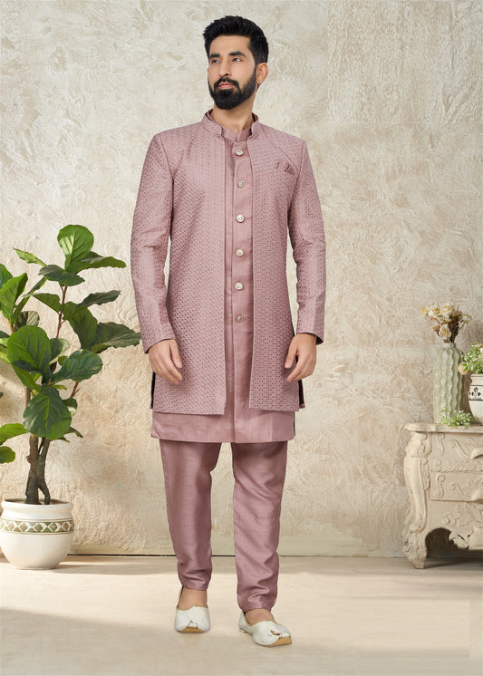 Party Wear IndoWestern For Mens Pink and Majenta With Thread Work