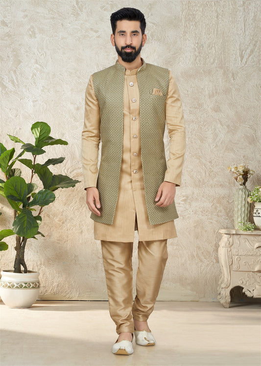 Golden Colour Mens Indowestern With Embroidered Work