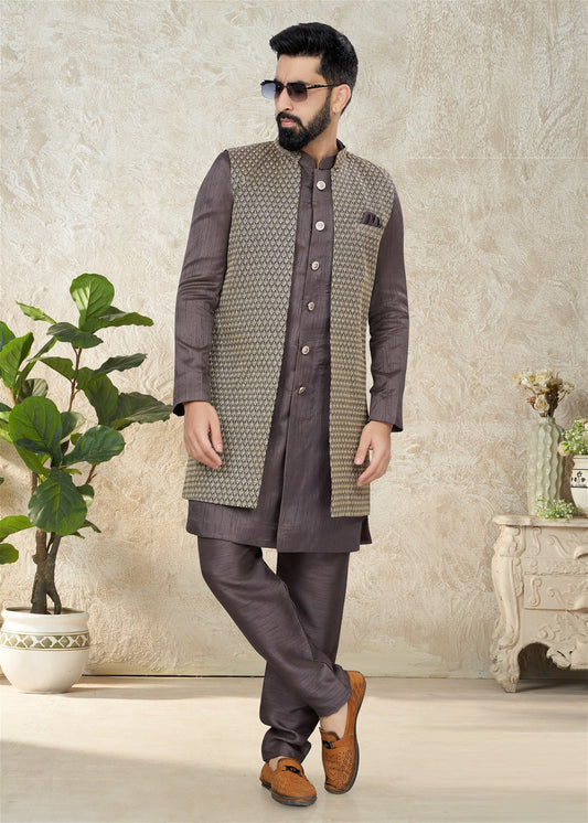 Brown Mens Indowestern With Embroidered Work