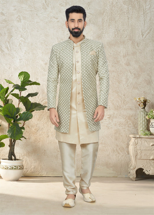 Beige Colour Mens Indowestern with Jacket