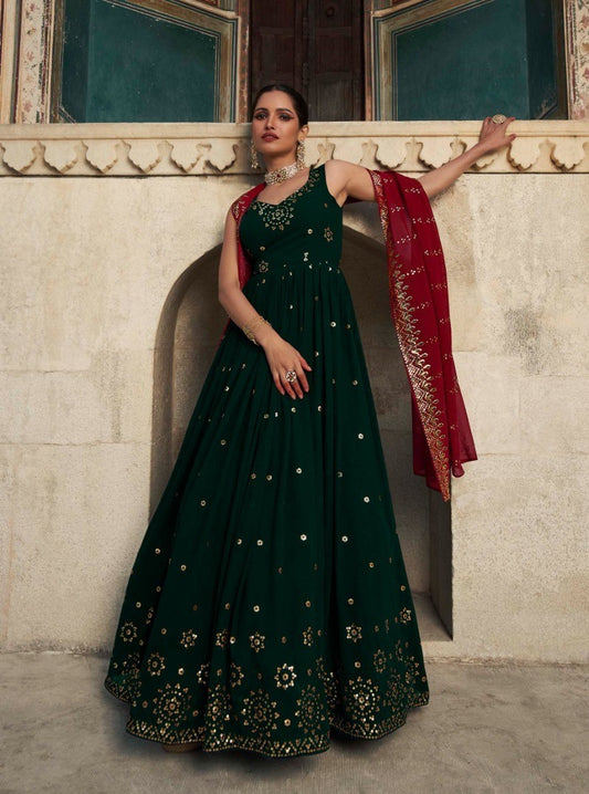 Dark Green Wedding Wear Women's Gown With Stylish Dupatta