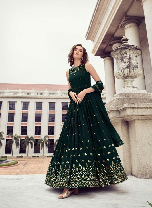 Dark Green Wedding Wear Women's Gown With Stylish Dupatta