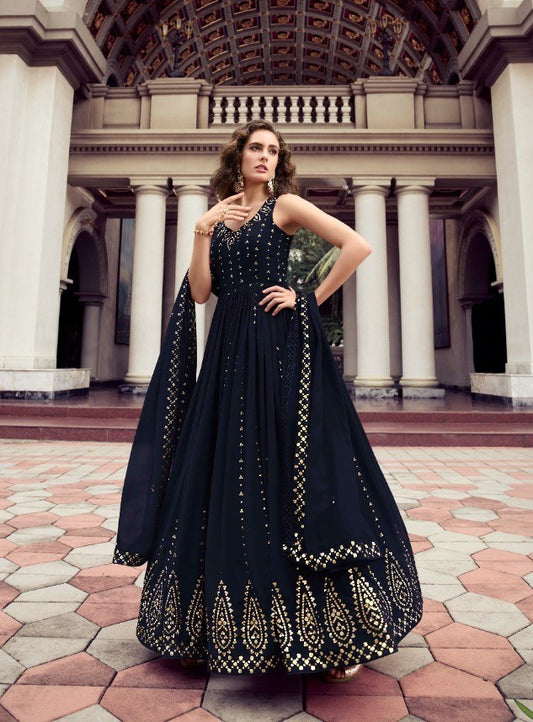 Dark Blue Wedding Wear Women's Gown With Stylish Dupatta