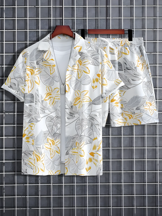 Floral Print Men's Shirt And Shorts Set Short Sleeve