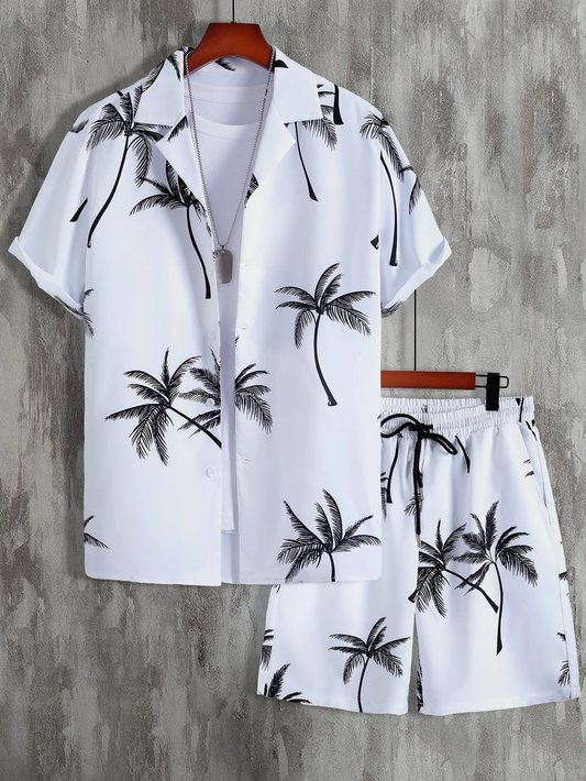 Palm Tree Print Men's Shirt And Shorts Set Short Sleeve
