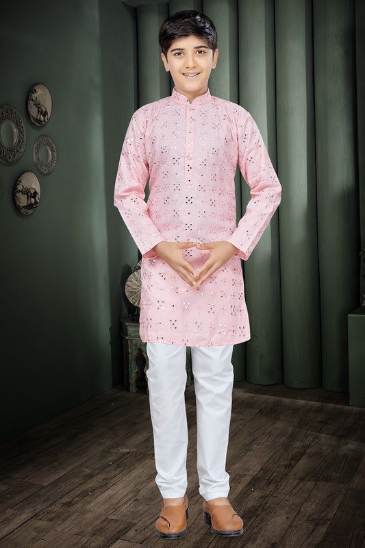 Cotton Festive Boys Kurta Pyjama in Pink with Mirror Work