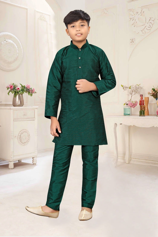 Green Boy's Silk Kurta With Pajama Set For Kids Festival Wear