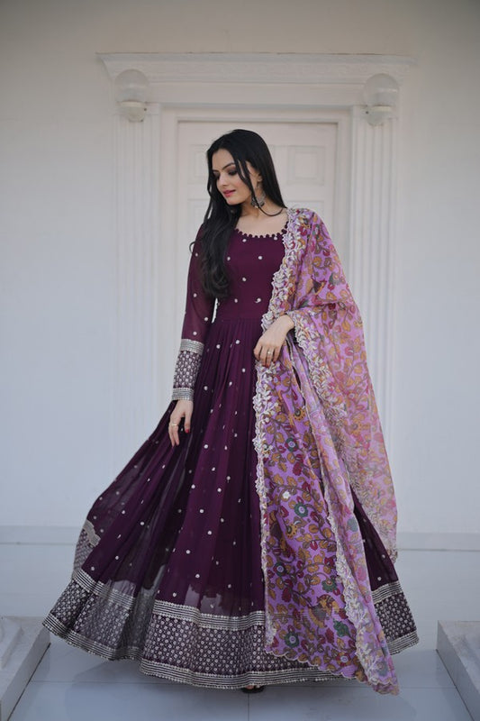 Womens Wine Color Embroidery And Zari Sequins work Party Wear Gown