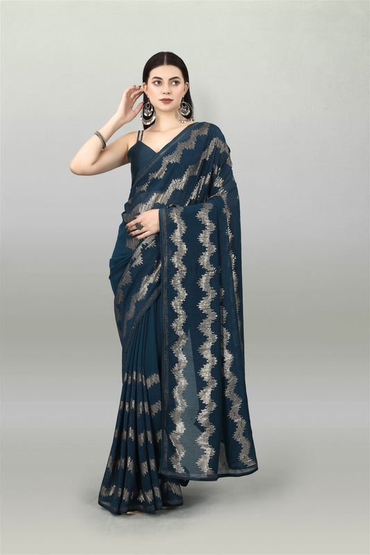Grey Colour Georgette Sequin With Embroidery Work Saree