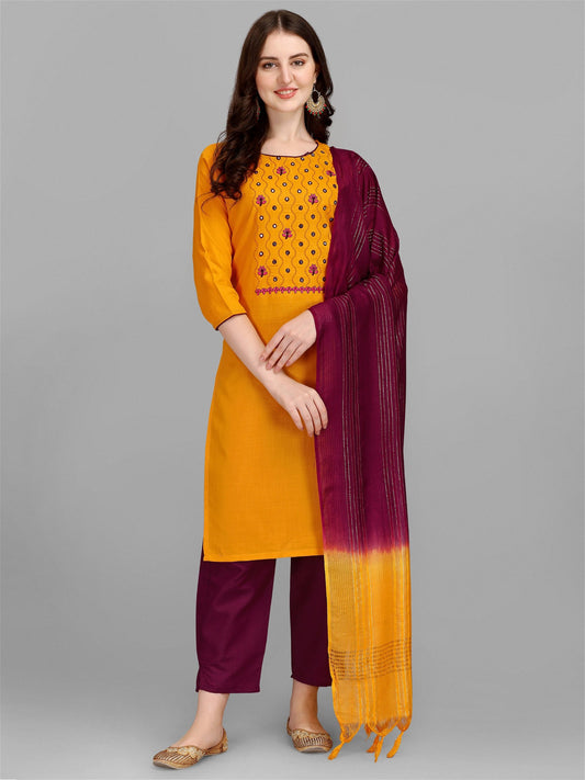 Yellow Colour Slub Cotton Embroidery Work Casual Wear Kurta Pant Dupatta Set For Women's