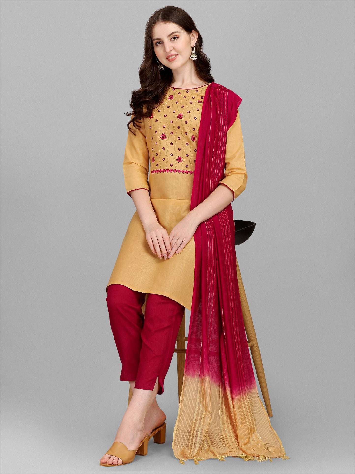 Beige Colour Slub Cotton Embroidery Work Casual Wear Kurta Pant Dupatta Set For Women's