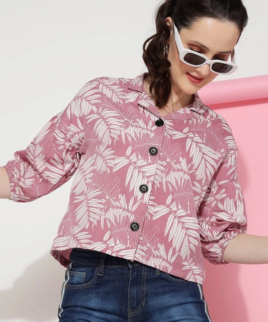 Pink Colour Casual Wear Crepe Printed Shirt For Women