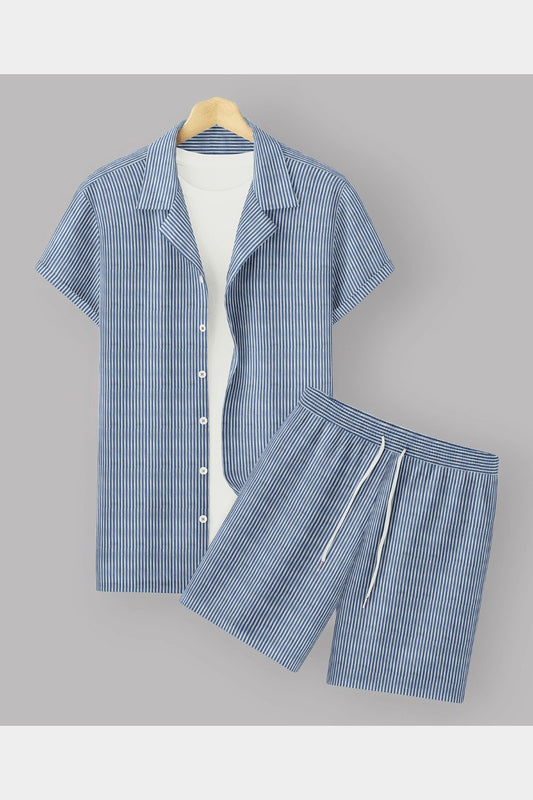 Sky Blue Colour Men's Cotton Shirt And Shorts Set Short Sleeve