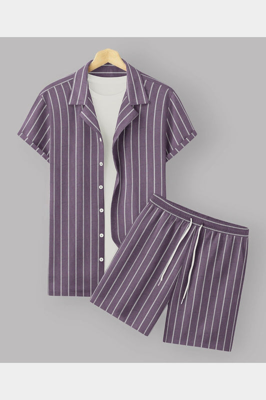 Purple Colour Men's Cotton Shirt And Shorts Set Short Sleeve