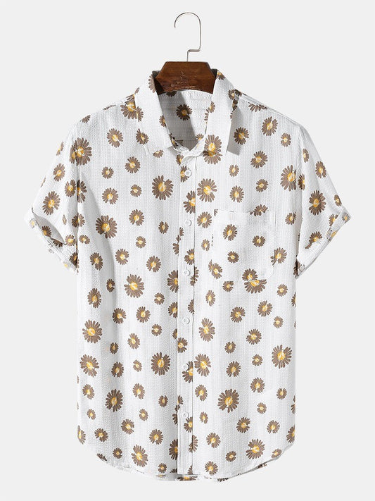 Men's Casual Wear Coffee Flower Printed Cotton Shirt