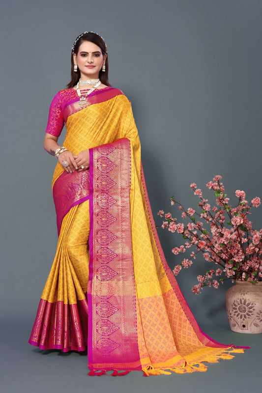 Yellow Dark Pink Colour Cotton Silk Saree For Women's