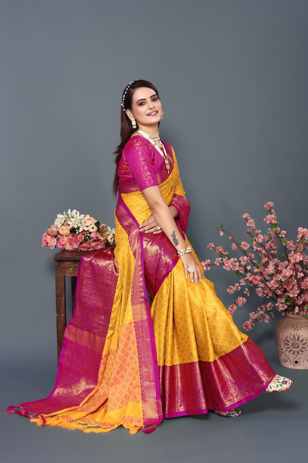 Yellow Dark Pink Colour Cotton Silk Saree For Women's