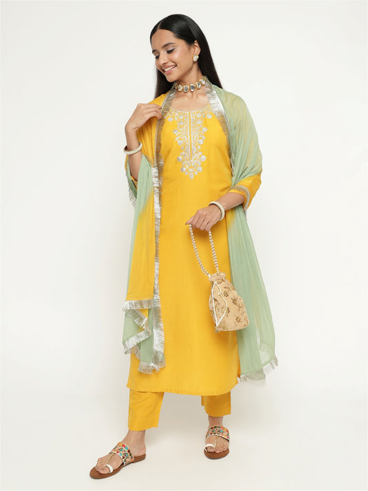 Yellow Colour Blend Silk Embroidery Work Party Wear Kurta Pant Dupatta Set For Women's