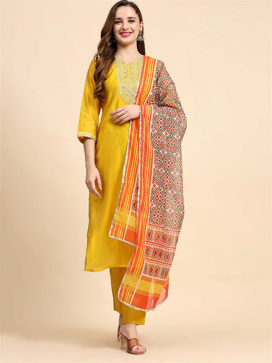Yellow Colour Blend Silk Embroidery Work Party Wear Kurta Pant Dupatta Set For Women's
