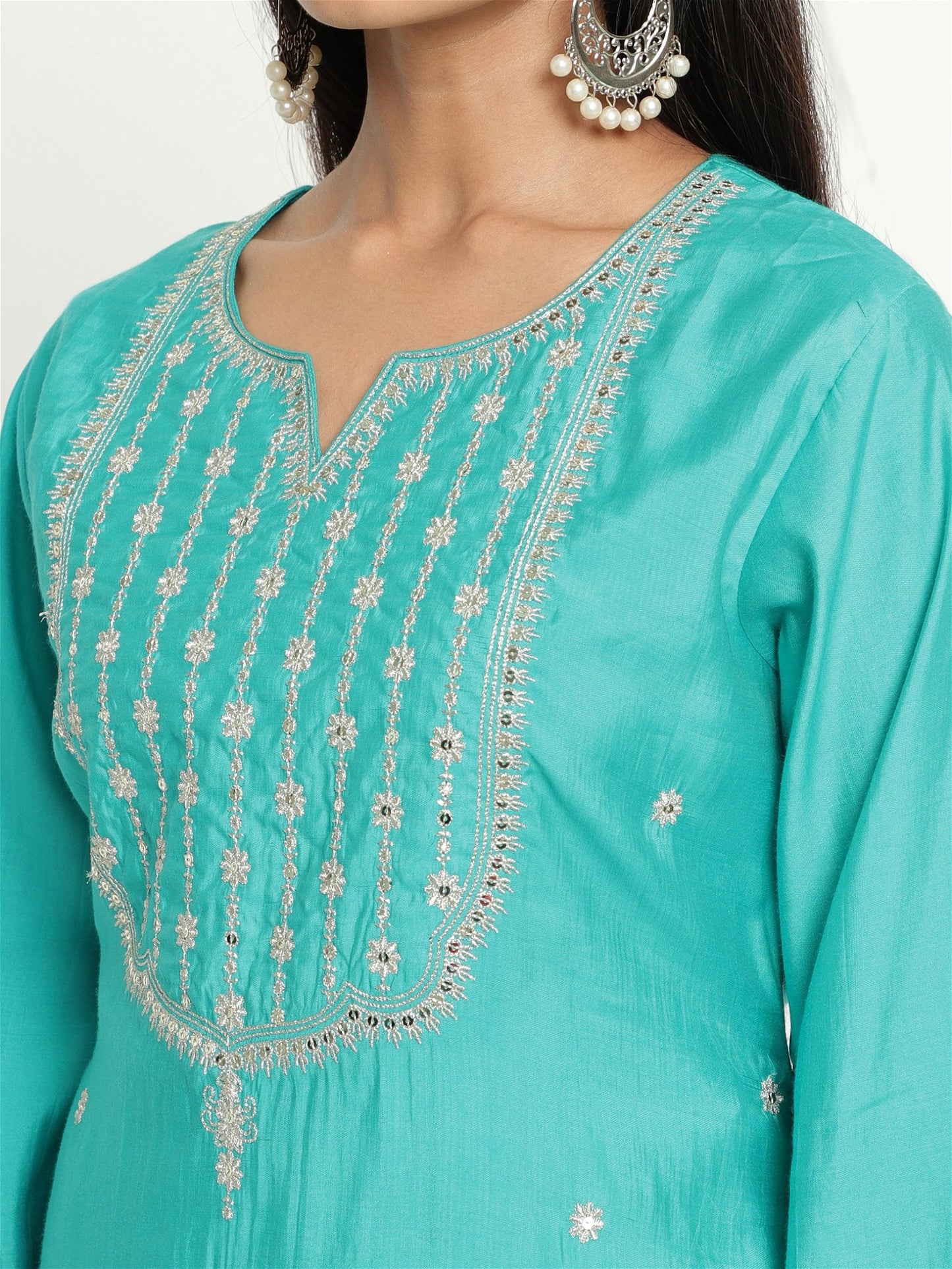 Aqua Colour Blend Silk Embroidery Work Party Wear Kurta Pant Dupatta Set For Women's