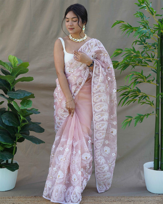 Peach Colour Organza Embroidery And Lace Work Saree For Women's