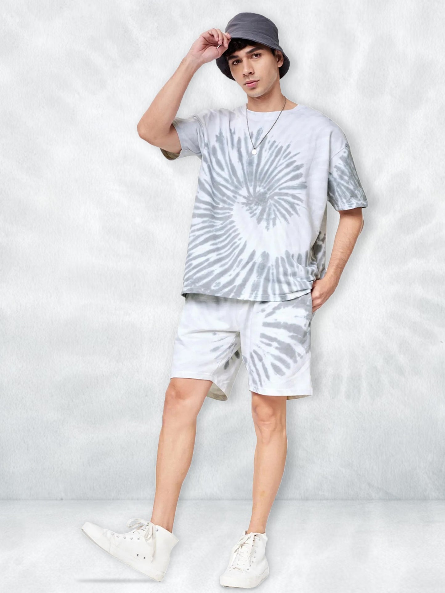 White And Grey Tie And Dye Stylish Oversize Men's Co Ord Set