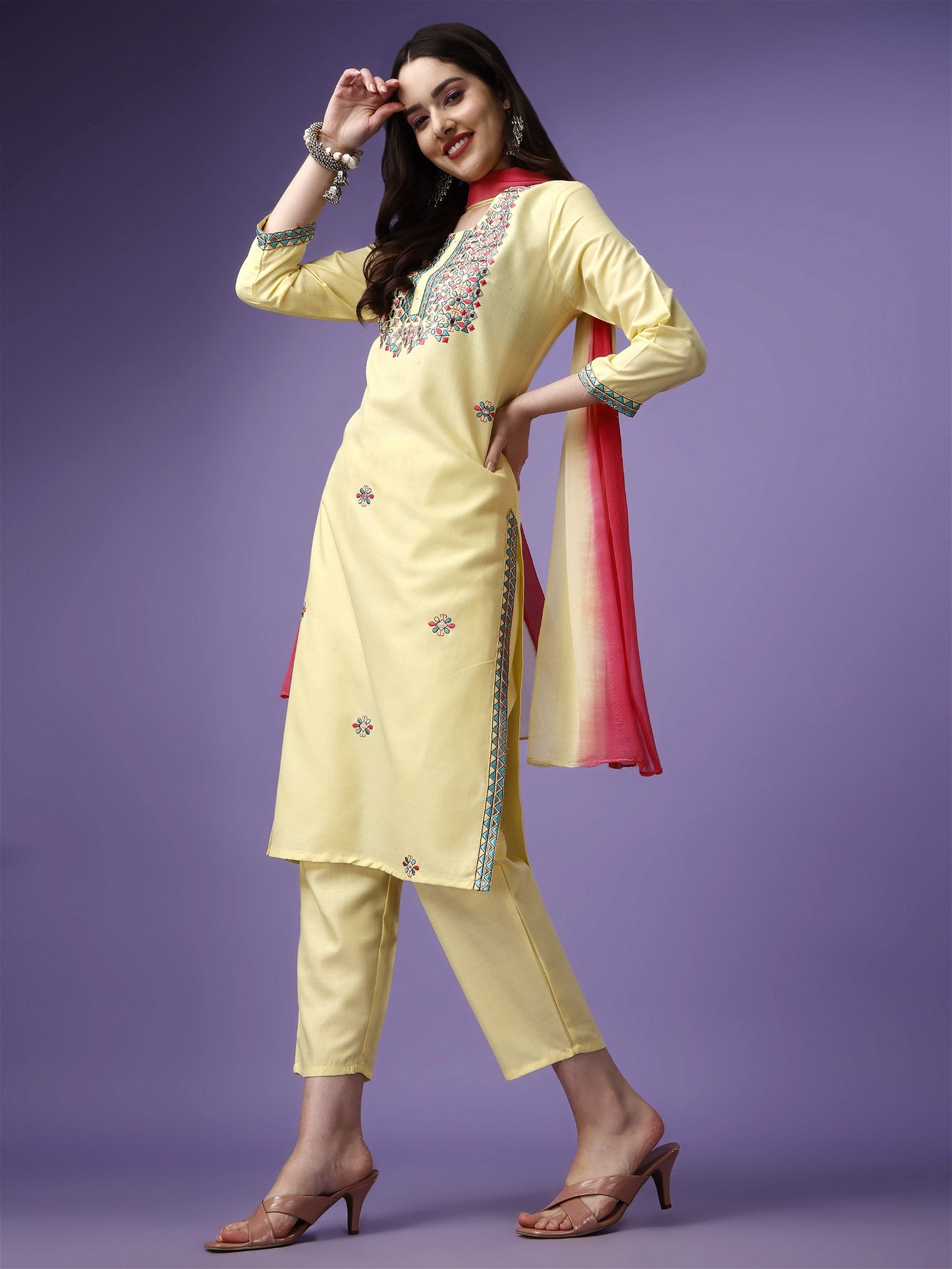 Yellow Party Wear Embroidery Worked Kurta With Pant And Duppata Set
