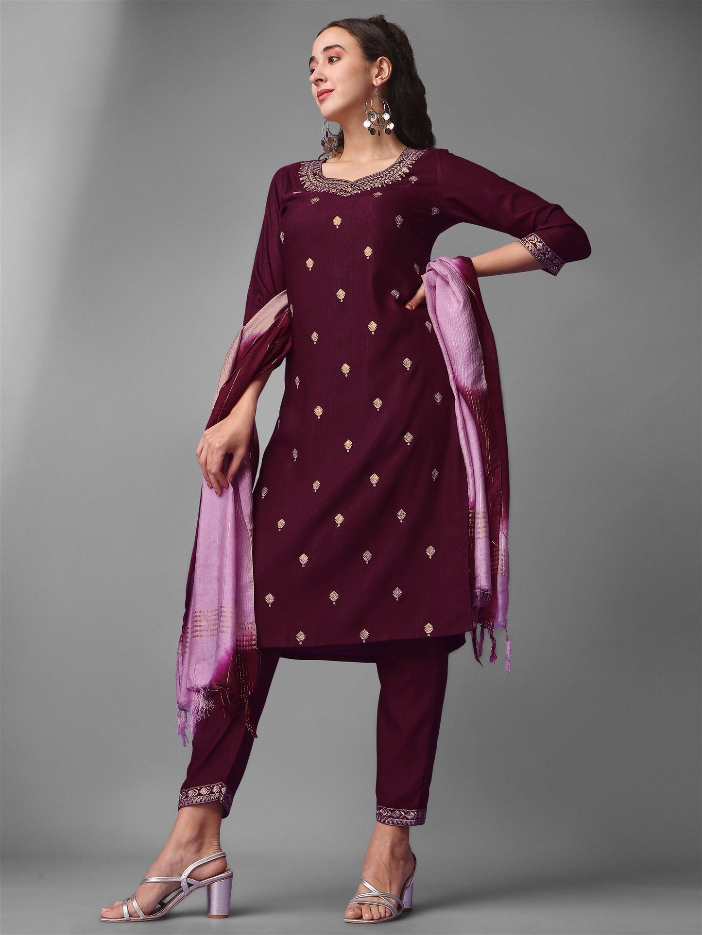 Purple Party Wear Embroidery Worked Kurta With Pant And Duppata Set