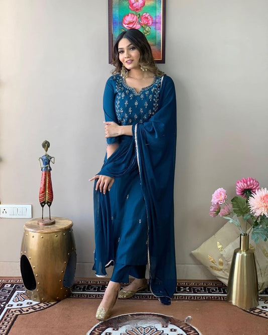 Blue Party Wear Embroidery Worked Kurta With Pant And Duppata Set