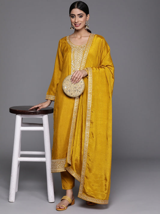 Yellow Party Wear Embroidery Worked Kurta With Pant And Duppata Set