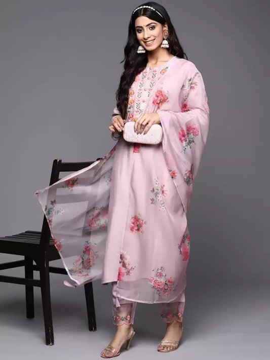 Pink Party Wear Embroidery Worked Kurta With Pant And Duppata Set