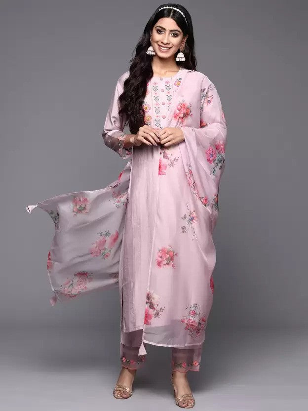 Pink Party Wear Embroidery Worked Kurta With Pant And Duppata Set
