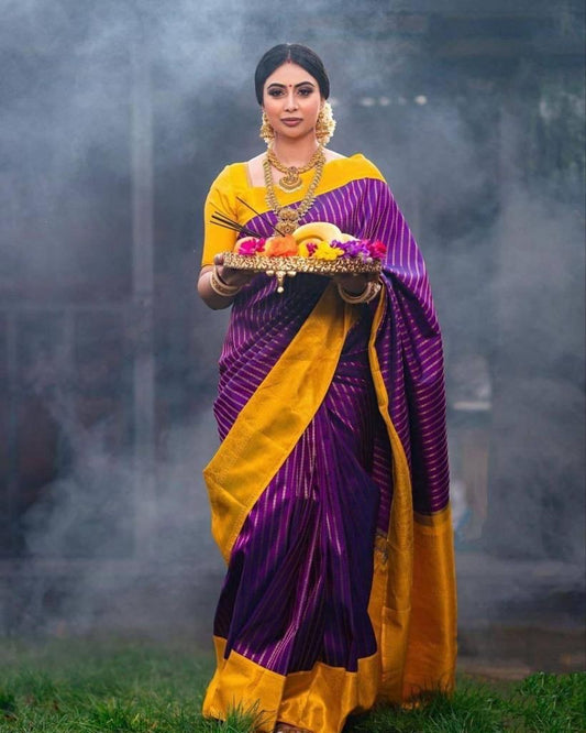 Purple And Yellow Lichi Silk Saree With Beautiful Pallu