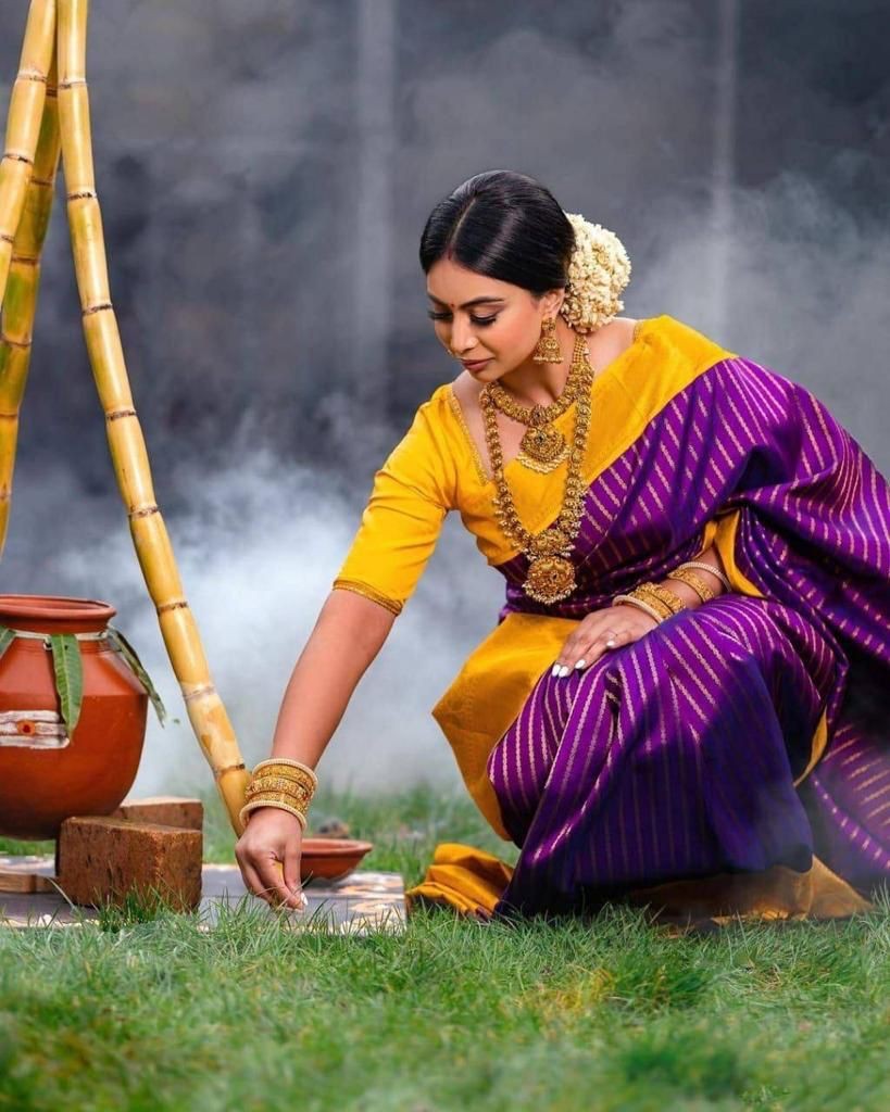 Purple And Yellow Lichi Silk Saree With Beautiful Pallu