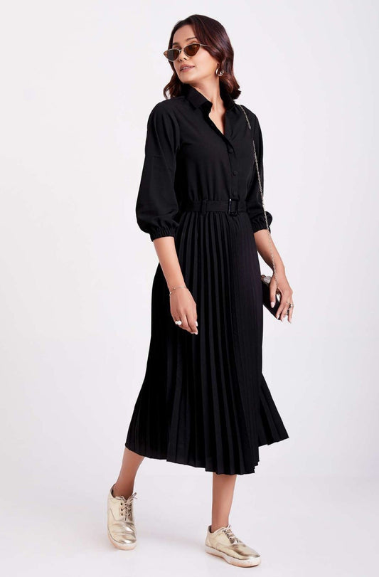 Black Colour Pleated Western Wear Drees For Women