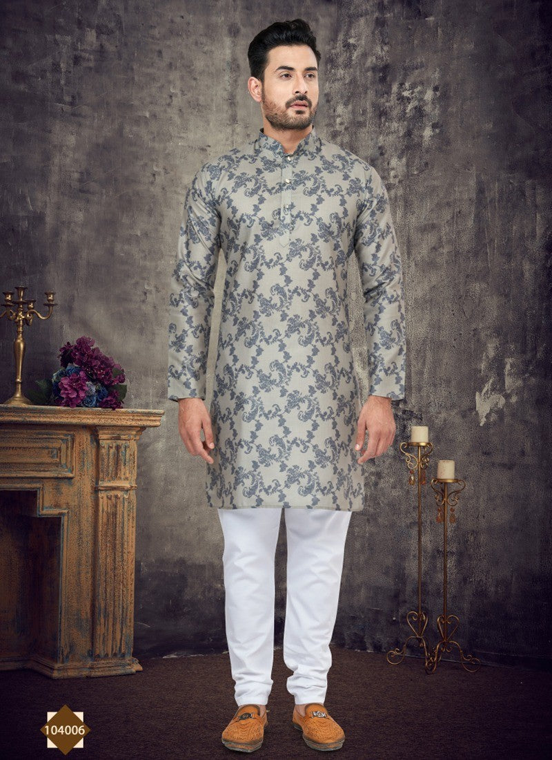 Grey Colour Digital Print Cotton Full Kurta Pajama for Mens