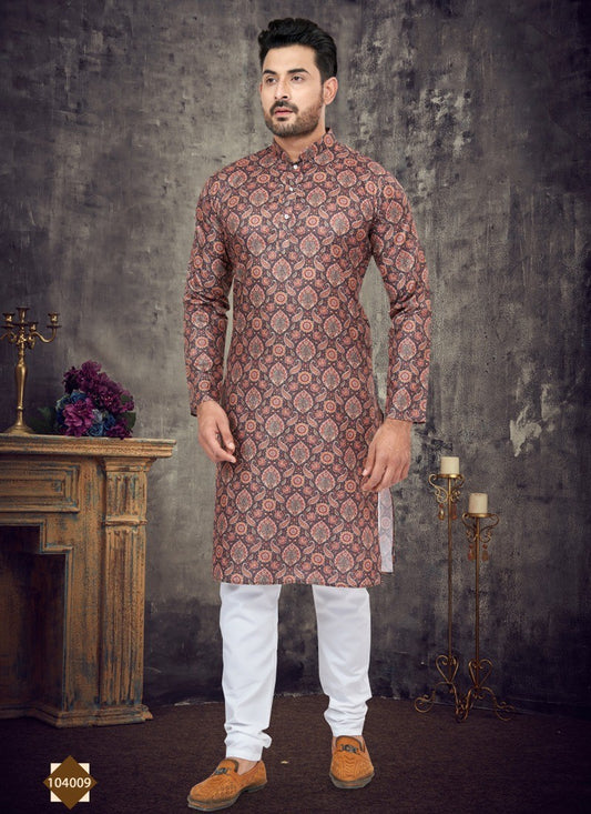 Multi Brown Colour Cotton Digital Print Kurta Pajama For Mens