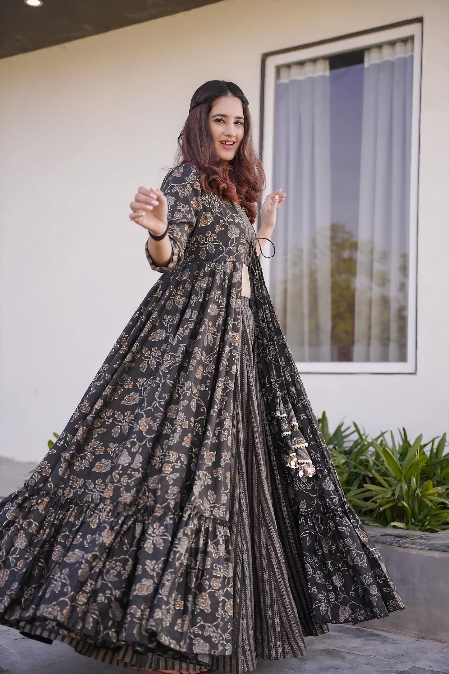 Floral Print Designer Full Round Flair Indo - Western for Women