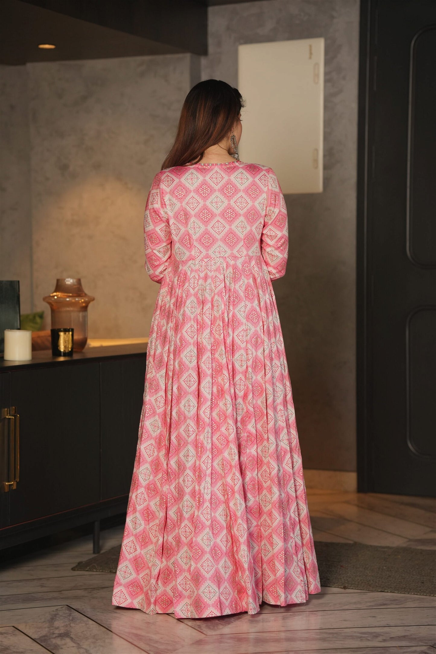 Barbie Pink Printed Shrug Style Indo Western Gown For Women