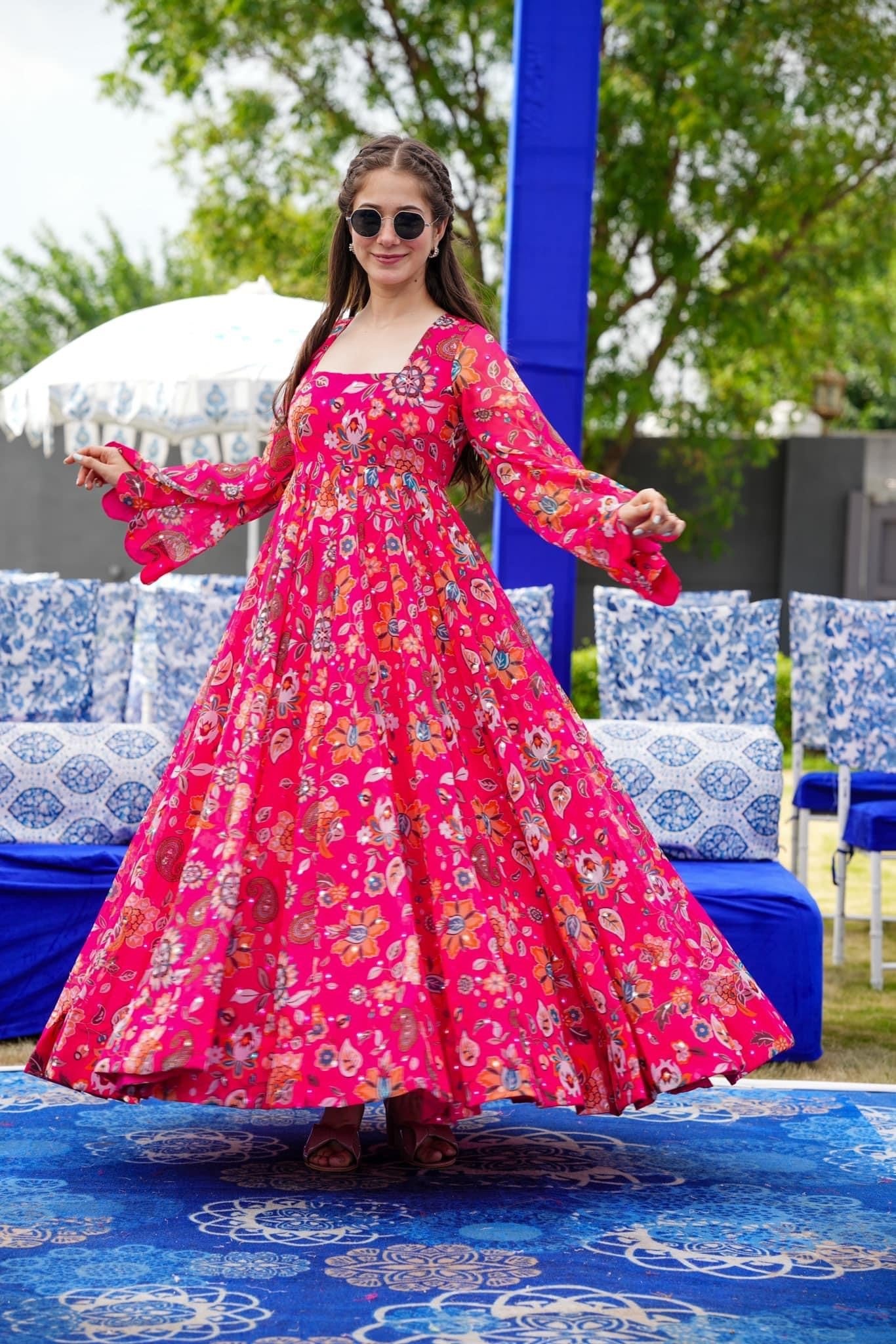 Pink Floral Designer and Stylish Full Flair Gown For Women