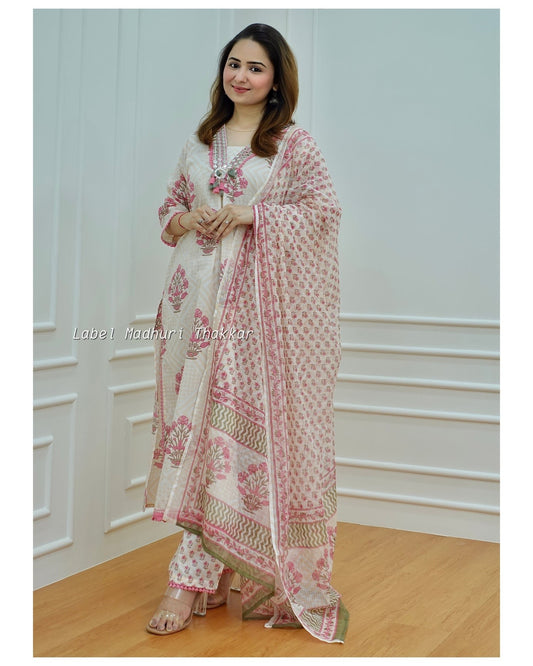 New Trending Offwhite And Pink Color Pure Cotton Floral Printed Top And Bottom With Dupatta