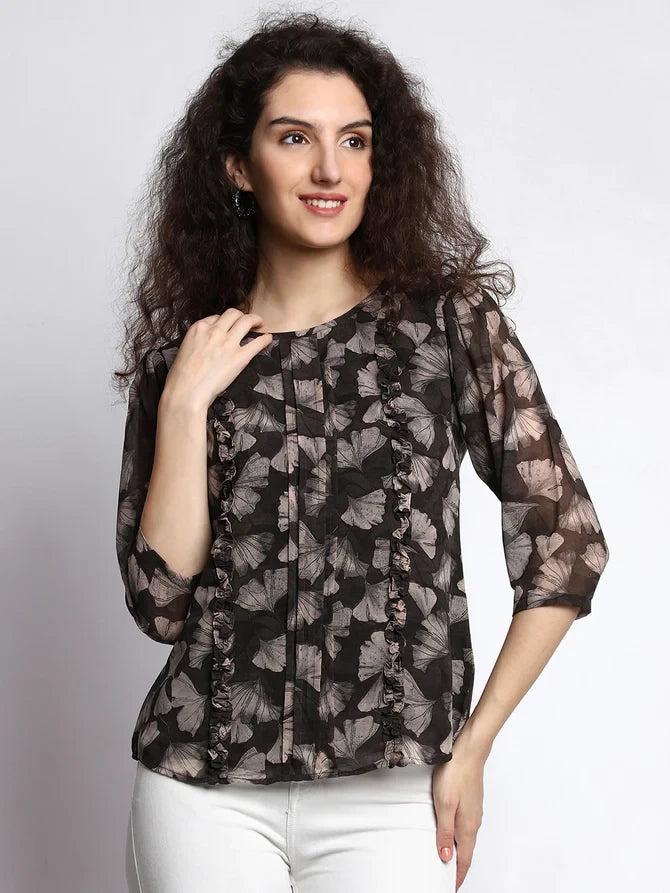 Casual Printed Women Black Round Neck Top