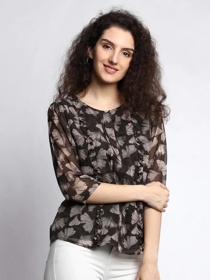 Casual Printed Women Black Round Neck Top