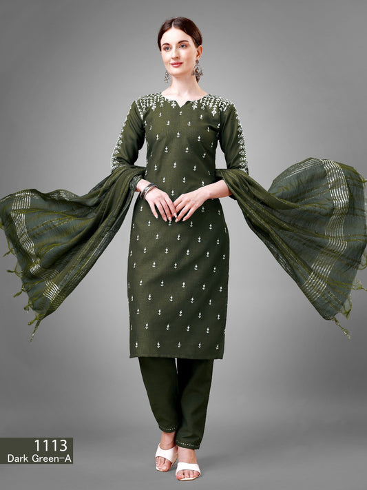 Green Cotton Embroidered And Sequins Work Trendy Suit